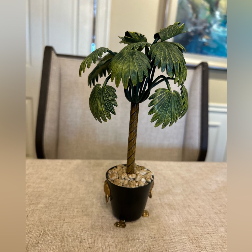 Vintage Hollywood Regency Heavy Tole Palm Tree with Black Cache’ Planter Lions